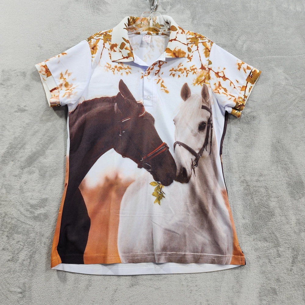 C&P Shirt Womens 2XL Juniors White Horse Polo Collared Short Sleeve Equestrian
